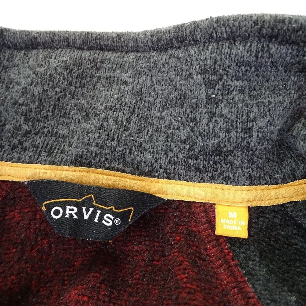 Orvis Men Red Gray Full Zip Knit Jacket Size M Elbow Patches High Collar Outdoor